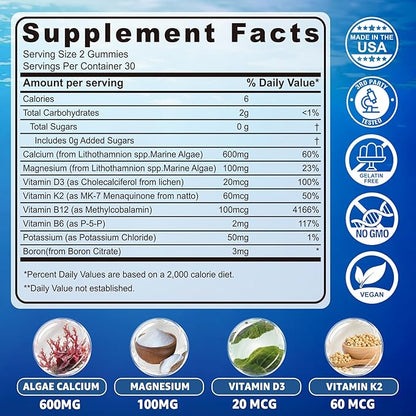Calcium Gummies 600mg - Ocean Algae Calcium | Vitamin D3, K2, Magnesium, B6 for Bone Strength, Muscle & Immnue | Sustainably Sourced Plant Based Calcium Supplement, 70+ Trace Minerals, Vegan, 2 Pack