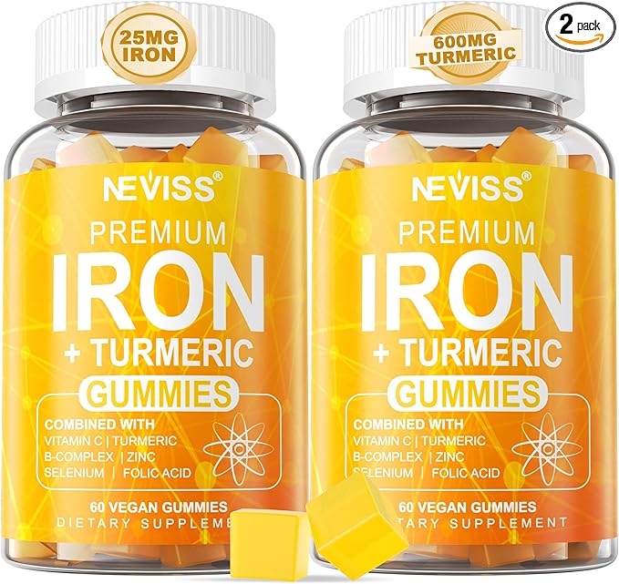 NEVISS Vegan Iron Gummy Vitamins for Women & Men - Carbonyl Iron 25 mg Vitamin C, A, B6, B12, Folate & Turmeric Extract 600 mg - Iron Supplement for Energy, Immune & Red Blood Cell Support, 120Cts