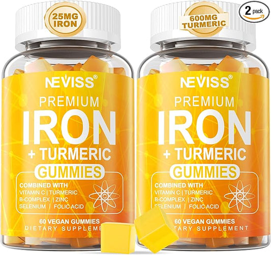 NEVISS Vegan Iron Gummy Vitamins for Women & Men - Carbonyl Iron 25 mg Vitamin C, A, B6, B12, Folate & Turmeric Extract 600 mg - Iron Supplement for Energy, Immune & Red Blood Cell Support, 120Cts