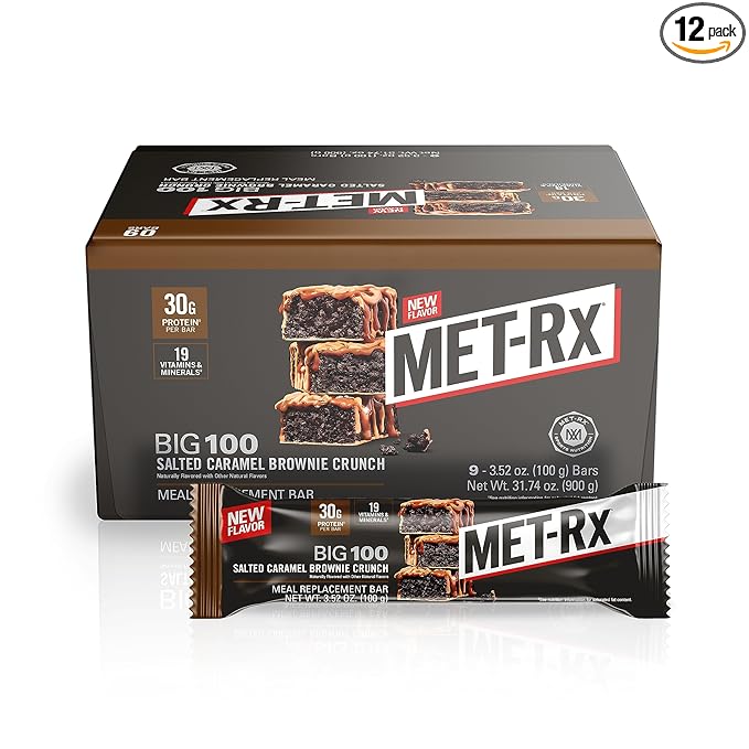 MET-Rx Big 100 Protein Bar, Meal Replacement Bar, 30G Protein, Salted Caramel Brownie Crunch, 9 Count, 3.52 Oz.(Packaging may vary)