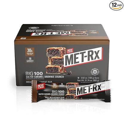 MET-Rx Big 100 Protein Bar, Meal Replacement Bar, 30G Protein, Salted Caramel Brownie Crunch, 9 Count, 3.52 Oz.(Packaging may vary)