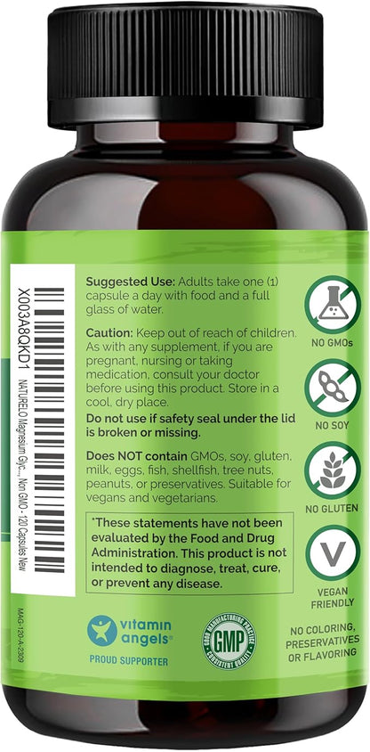 NATURELO Magnesium Glycinate Chelate Complex - 200 mg Magnesium with Organic Vegetables to Support Sleep, Calm, Muscle Cramp & Stress Relief – Gluten Free, Non GMO - 120 Capsules