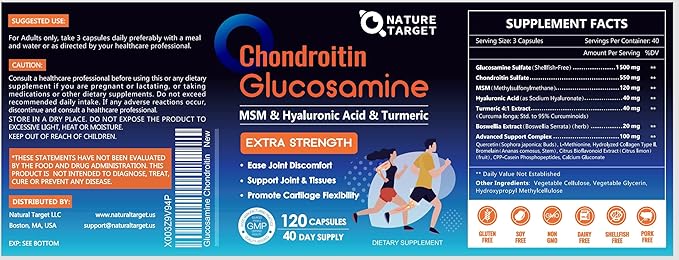 NATURE TARGET Glucosamine Chondroitin MSM, Joint Support Supplement, Shellfish Free, Turmeric Boswellia, Hyaluronic Acid, Collagen, Calium for Cartilage and Bone Health,120 Capsules, 40 Servings