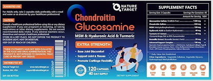 NATURE TARGET Glucosamine Chondroitin MSM, Joint Support Supplement, Shellfish Free, Turmeric Boswellia, Hyaluronic Acid, Collagen, Calium for Cartilage and Bone Health,120 Capsules, 40 Servings