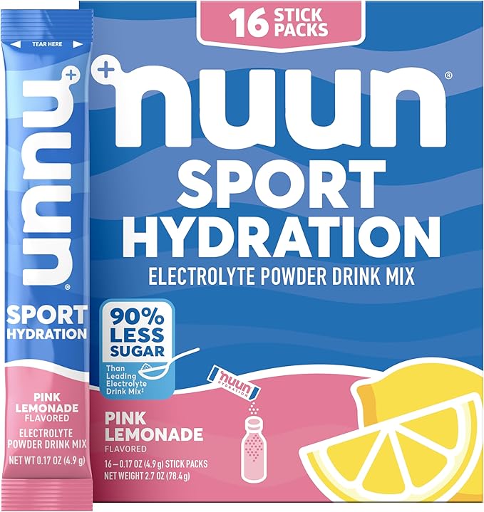 Nuun Sport Electrolyte Powder Packets - Pink Lemonade Flavor, 5 Essential Electrolytes for Hydration, Easy Open Drink Mix with Magnesium, 1g Sugar, Non GMO, Vegan, 16 Single Serving Sticks