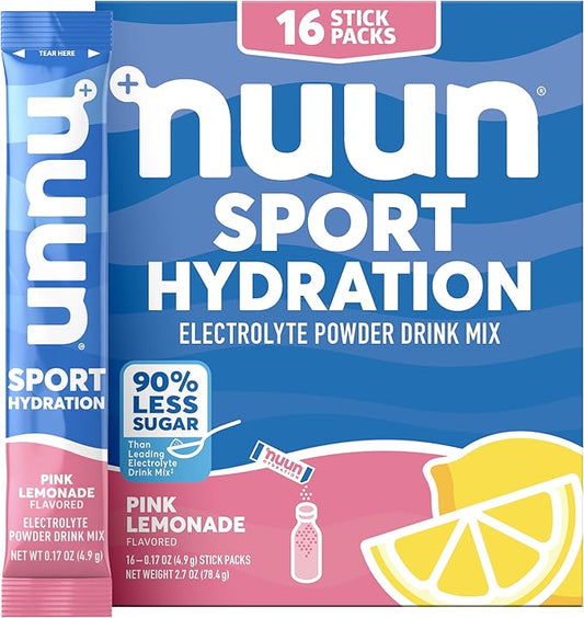 Nuun Sport Electrolyte Powder Packets - Pink Lemonade Flavor, 5 Essential Electrolytes for Hydration, Easy Open Drink Mix with Magnesium, 1g Sugar, Non GMO, Vegan, 16 Single Serving Sticks