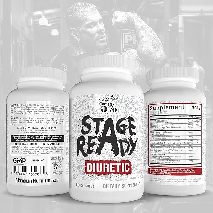 5% Nutrition Stage Ready Diuretic | Extra Strength Competition Diuretic | Fast Acting Weight Cut, Water Retention & Bloat Relief | Natural Formula w/Dandelion Root, Shavegrass, Uva Ursi (60 Pills)