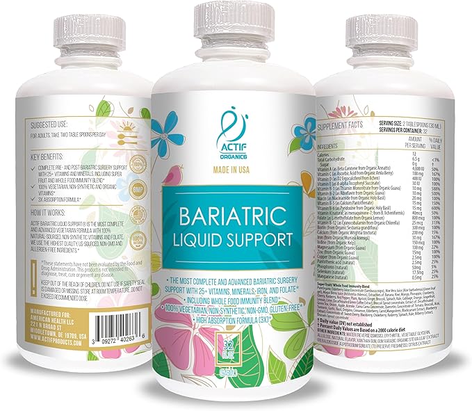 Actif Organic Bariatric Liquid Support With 25+ Organic Vitamins And Minerals For Bariatric Surgery, Advanced Formula, Non GMO, 32 Oz