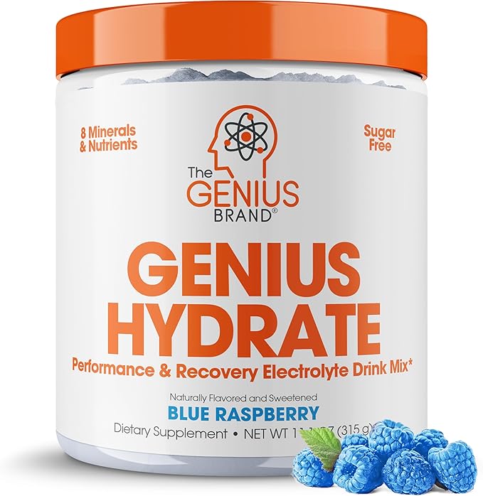 Genius Hydrate Powder Drink Mix Blue Raspberry 50 Servings - Natural Electrolyte Hydration Booster Endurance Supplement with Coconut Water Potassium Magnesium Zinc Sugar Free No Artificial Sweeteners