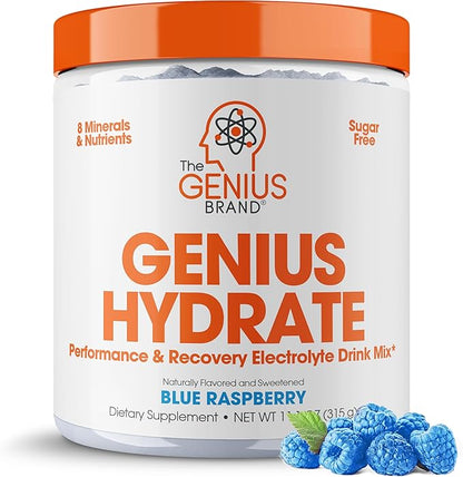 Genius Hydrate Powder Drink Mix Blue Raspberry 50 Servings - Natural Electrolyte Hydration Booster Endurance Supplement with Coconut Water Potassium Magnesium Zinc Sugar Free No Artificial Sweeteners