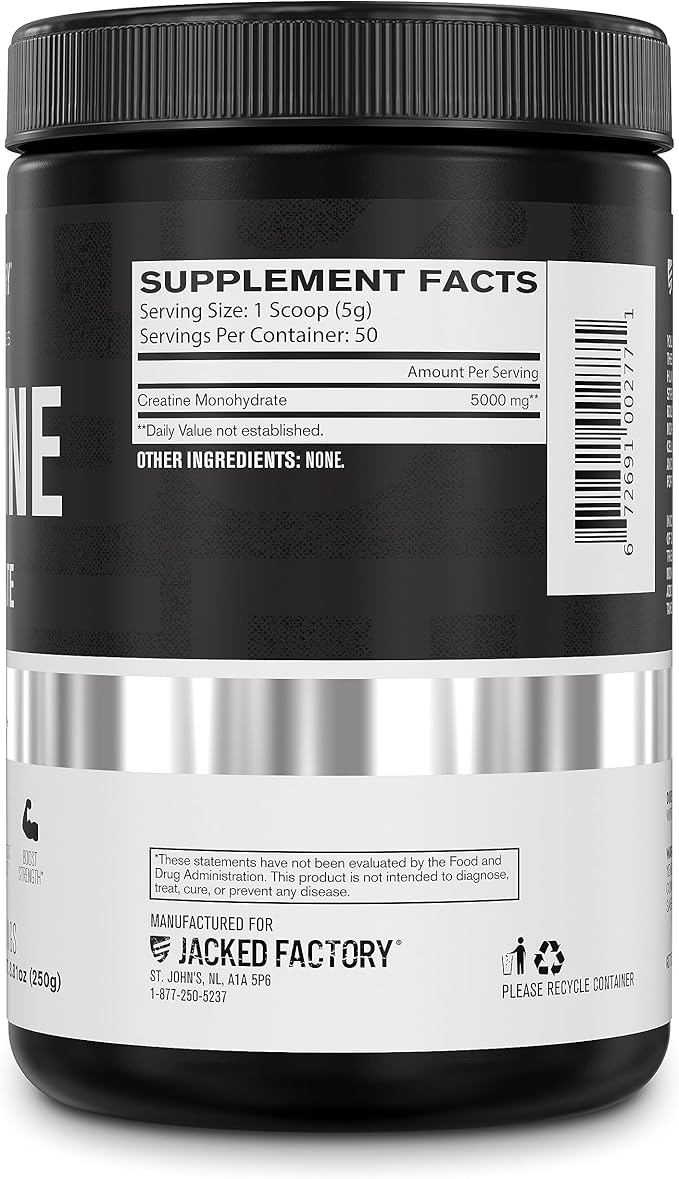 Jacked Factory Creatine Monohydrate Powder 250g - Creatine Supplement for Muscle Growth, Increased Strength, Enhanced Energy Output and Improved Athletic Performance 50 Servings, Unflavored
