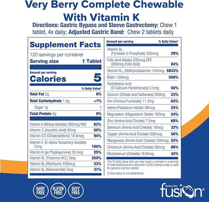Bariatric Fusion Very Berry Complete Chewable Bariatric Multivitamin with Iron and Vitamin K for Bariatric Surgery Patients Including Gastric Bypass and Sleeve Gastrectomy - 120 Tablets