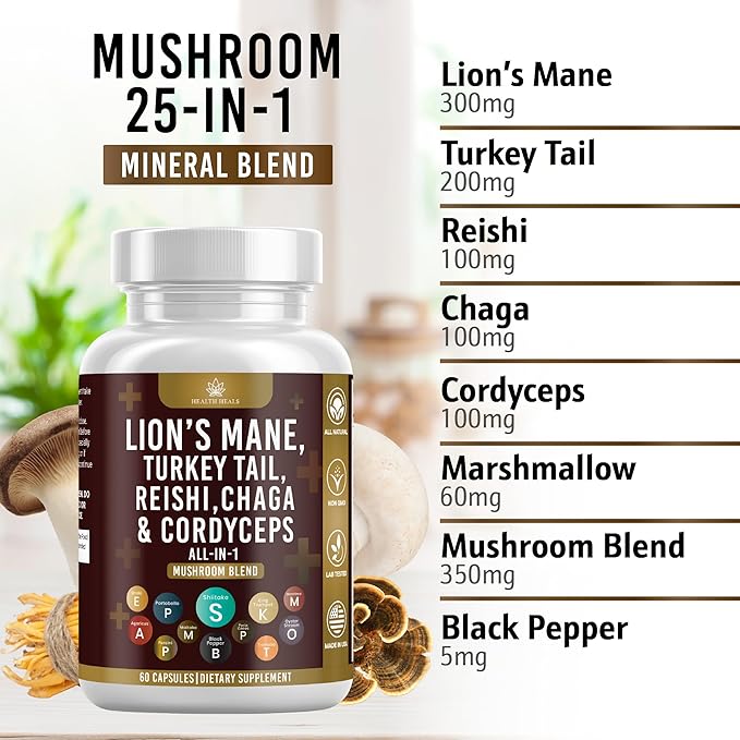 Mushroom Supplement with Turkey Tail 2000mg Reishi 1000mg Cordyceps Chaga 1000mg with Marshmallow Root - 60 Count