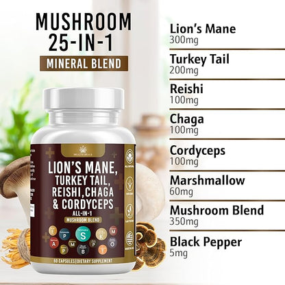 Mushroom Supplement with Turkey Tail 2000mg Reishi 1000mg Cordyceps Chaga 1000mg with Marshmallow Root - 120 Count