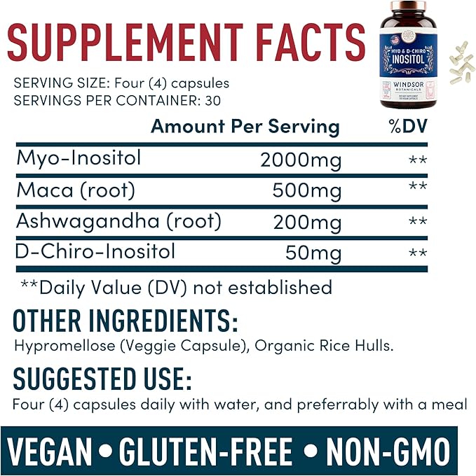 Myo-Inositol & D-Chiro Inositol Supplement - Optimal 40:1 Ratio Balanced Inositol Supplements - Womens Healthy Ovarian Support and Fertility Multivitamin - 120 Vegan Capsules, 30-Day Supply