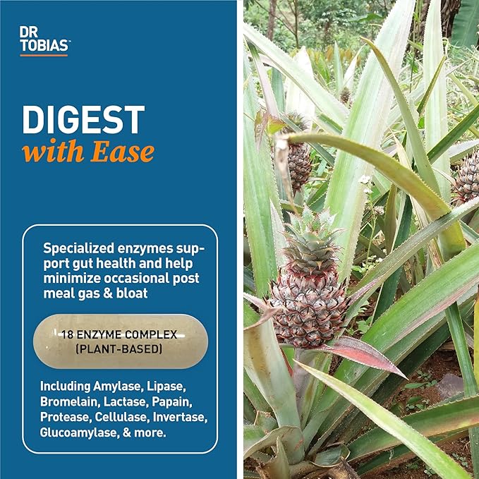 Dr. Tobias Digestive Enzymes with Amylase, Bromelain, Lipase, Lactase, Protease, Papain & More, Digestion Supplement with 18 Enzymes for Digestion and Gut Health, 30 Capsules, 15 Servings