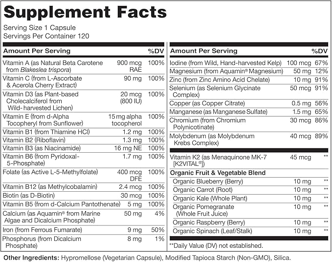 NATURELO One Daily Multivitamin for Women - Energy Support - Whole Food Supplement to Nourish Hair, Skin, Nails - Non-GMO - No Soy - Gluten Free - 120 Capsules - 4 Month Supply