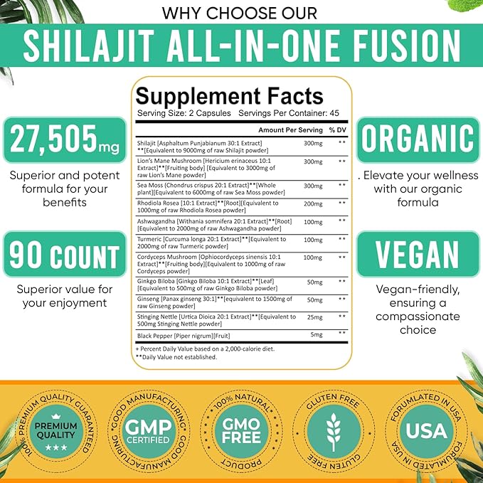 Shilajit for Men 11-in-1 Pure Himalayan Organic Shilajit Capsules with Sea Moss Ashwagandha Rhodiola Rosea Panax Ginseng Turmeric Lion’s Mane Ginkgo. Shilajit Capsules for Women.