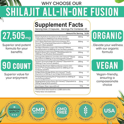 Shilajit for Men 11-in-1 Pure Himalayan Organic Shilajit Capsules with Sea Moss Ashwagandha Rhodiola Rosea Panax Ginseng Turmeric Lion’s Mane Ginkgo. Shilajit Capsules for Women.