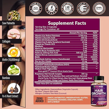 Hair Growth Vitamins for Women | Biotin 10,000mcg, Collagen, Patented OptiMSM®, goMCT®, Saw Palmetto | Naturally Regrow Stronger & Healthier Hair, Skin and Nails | Stops Hair Loss | 60 Day Supply