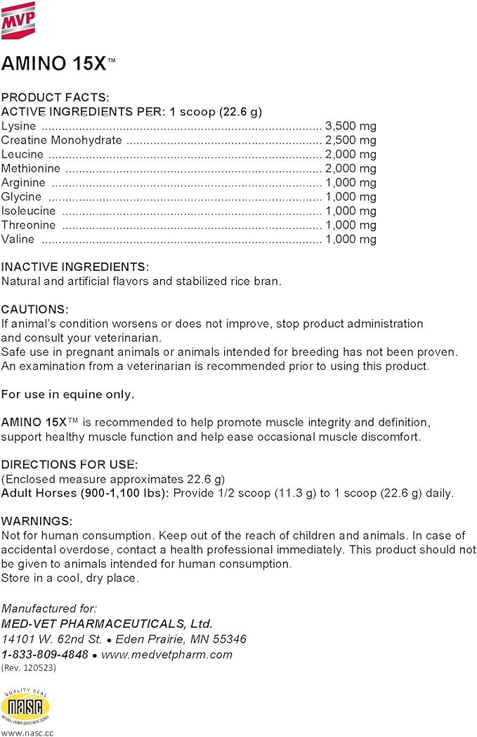 MVP Amino 15X (1.5lb) Supports Healthy Muscle Function, Development and Recovery in Horses.
