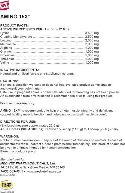 MVP Amino 15X (1.5lb) Supports Healthy Muscle Function, Development and Recovery in Horses.