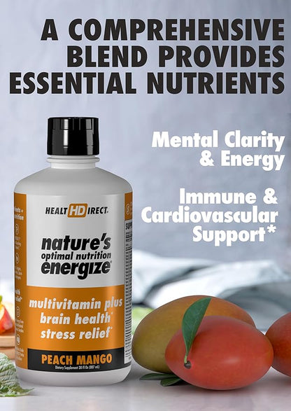 HEALTH DIRECT - Nature's Optimal Nutrition Energize Liquid Multivitamin Superfood - 140+ Nutrients - Mental Clarity & Energy - Immune & Cardiovascular Support – 30 Servings – Peach Mango