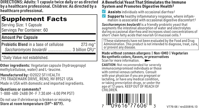 Klaire Labs SFI Health Saccharomyces Boulardii Probiotics for Women and Men - Vegan, Hypoallergenic S. Boulardii Probiotics for Digestive Health & Immune Support - Heat-Stable (120 Capsules)