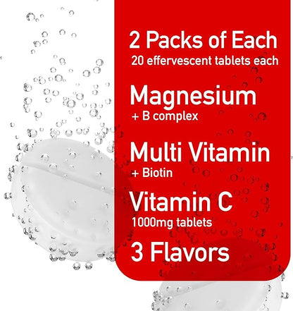 Effervescent Variety Pack with Vitamin C 1000mg, Magnesium + B Complex, Multivitamin + Biotin, 6-Pack, 120 Tablets