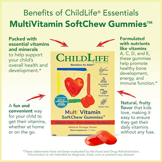 CHILDLIFE ESSENTIALS Kids Multivitamin SoftChew Gummies - Kids Vitamins, Multivitamin for Kids, Multivitamin Gummies, Toddler Vitamins, Kids Chewable Vitamin, Sugar Free - Natural Orange, 27 Tablets