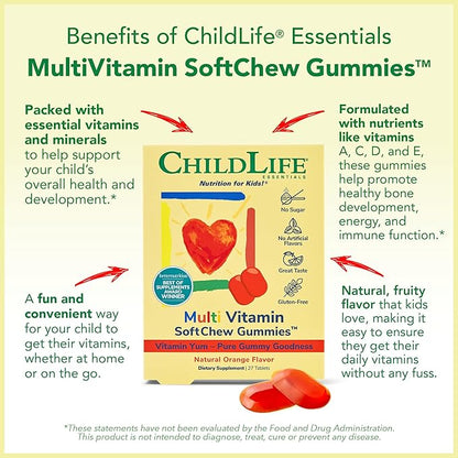 CHILDLIFE ESSENTIALS Kids Multivitamin SoftChew Gummies - Kids Vitamins, Multivitamin for Kids, Multivitamin Gummies, Toddler Vitamins, Kids Chewable Vitamin, Sugar Free - Natural Orange, 27 Tablets