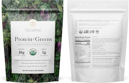 Truvani Protein + Greens Supplement | Spinach, Kale & Broccoli | 10g Organic Plant Based Protein | 20 Servings | USDA Organic | Gluten & Dairy Free | Vegan | No Added Sugar
