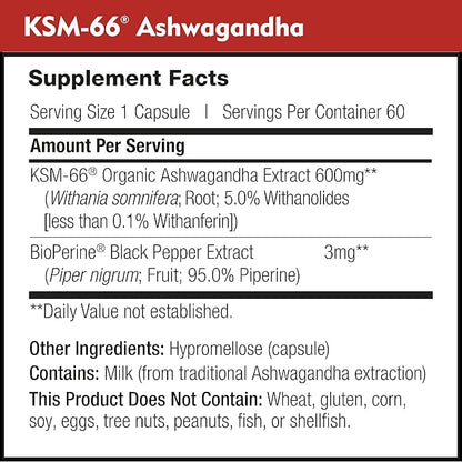 KSM-66 Ashwagandha 600mg Organic Root Extract - High Potency Supplement with 5% Withanolides | Relieves Tiredness, Supports Relaxation, Focus, Energy, & Muscle Growth (60 Capsules)