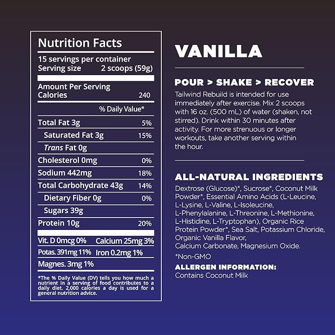 Tailwind Nutrition Recovery Mix, Complete Protein, Carbohydrates, and Electrolytes Powder Drink Mix for Post-Workout, Free of Gluten, Soy, and Dairy, Vegan, 15 Servings, Vanilla