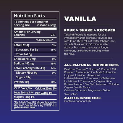 Tailwind Nutrition Recovery Mix, Complete Protein, Carbohydrates, and Electrolytes Powder Drink Mix for Post-Workout, Free of Gluten, Soy, and Dairy, Vegan, 15 Servings, Vanilla