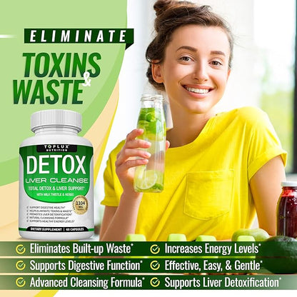 Detox Cleanse Liver Support & Repair Formula - Liver Cleanser Natural 5 Day Detox, Support Digestion System, Flush Toxins & Urinary Tract, Milk Thistle Extract 25+ Herbs, 60 Capsules, Toplux Nutrition