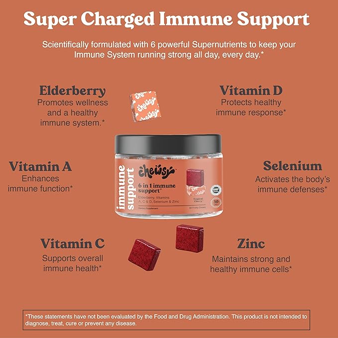 Chewsy 6-in-1 Immune Support Supplement Fruity Chews with Elderberry, Vitamin C, A & D, Zinc & Selenium - 30-Day Supply, Individually Wrapped Immunity Vitamins Chews for Adults and Kids (1)