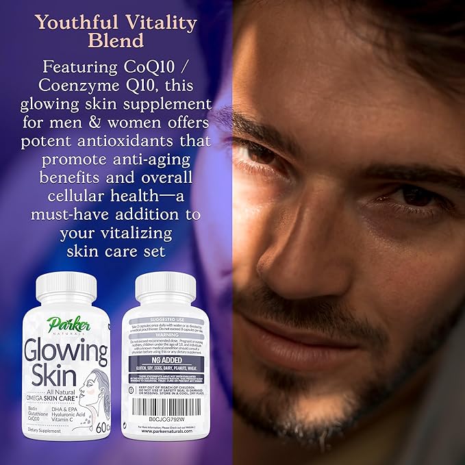 Glowing Skin Supplement - Biotin, Glutathione, Hyaluronic Acid, DHA/EPA Omega 3 Fish Oil, CoQ10, Vitamin C, All Natural Skin Care Supplement, 60 Caps