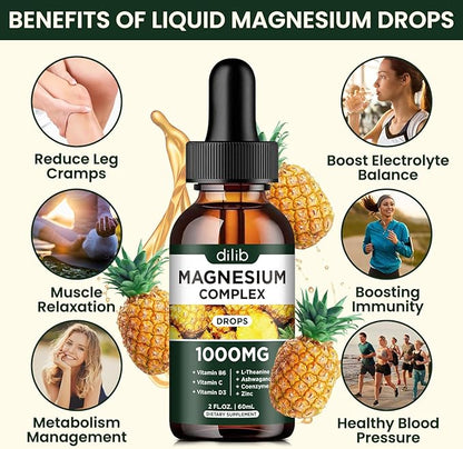 Triple Magnesium Complex Supplement, Magnesium Glycinate, threonate, Citrate Liquid Drops 1000mg with Ashwagandha, CoQ10, Vitamin B6, C, D, Zinc - Vegan Pineapple Flavor