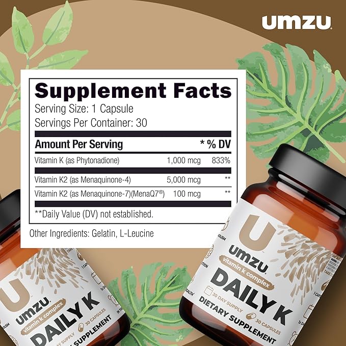 UMZU Daily K | Vitamin K Complex with K1, MK4 & MK7 | Support Bones, Cardiovascular Function, Blood Flow & Cognition w/Liquid D3 (30 Day Supply | 30 Capsules)