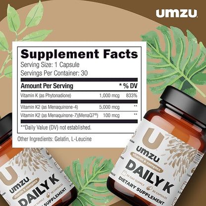 UMZU Daily K | Vitamin K Complex with K1, MK4 & MK7 | Support Bones, Cardiovascular Function, Blood Flow & Cognition w/Liquid D3 (30 Day Supply | 30 Capsules)
