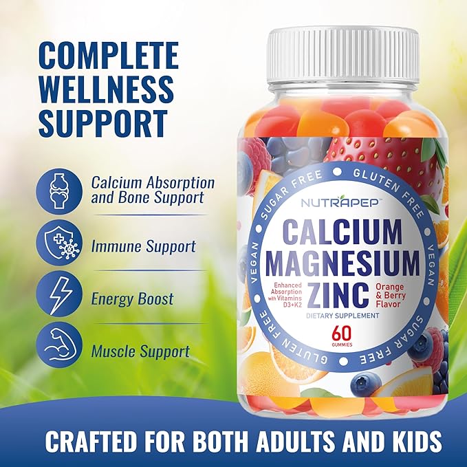 Calcium Magnesium Zinc Supplement Gummies - with Vitamin D3 K2 Magnesium Glycinate - Orange Berry Flavored Vegan Sugar-Free Gluten Free Chewable for Men Women Kids
