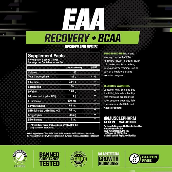 MusclePharm EAA Recovery + BCAAs, Post Workout Essential Amino Acids Powder, Pre Workout Energy Supplement for Men & Women with Branched Chain Amino Acids, 30 Servings (Sour Candy)