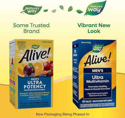 Nature's Way Alive! Men's Daily Ultra Multivitamin, High Potency Formula, Promotes Healthy Heart & Muscle Function*, with Methlyated B12, Gluten Free, 60 Tablets (Packaging May Vary)