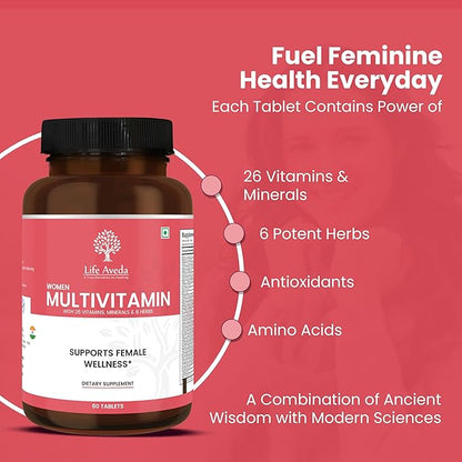 Life Aveda- Daily Multivitamin for Women with Vitamin A, B12, C, D, Calcium and More - 60 Capsules