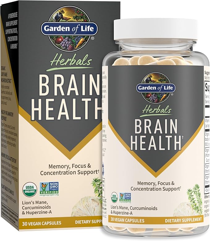 Garden of Life Brain Health Supplement with Organic Lion’s Mane & Turmeric, Non-GMO, Gluten-Free, Mint Flavor - For Memory, Focus & Healthy Brain Function
