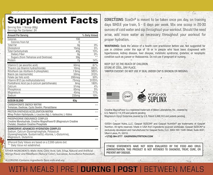 Gaspari Nutrition SizeOn, The Ultimate Hybrid Intra-Workout Amino Acid & Creatine Formula, [海外直送品] サイズオン マキシマムパフォーマンス Hide's マンゴースプラッシュ (3.59 Pound, Mango Splash)