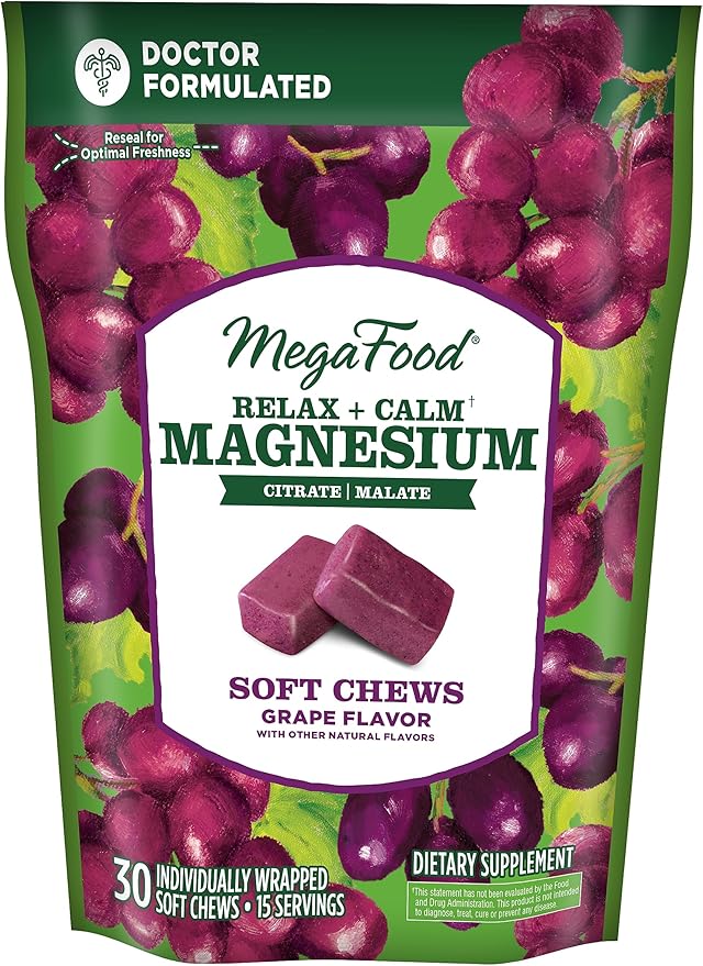 MegaFood Relax + Calm Magnesium Supplement - Soft Chews with Magnesium Citrate & Magnesium Malate for Heart Health, Muscle Tension & More - Vegetarian - Grape-Flavor - 30 Chews (15 Servings)