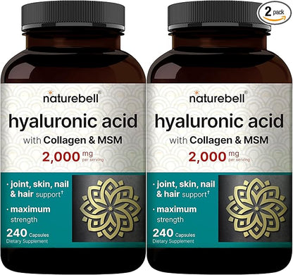 NatureBell 2 Pack Hyaluronic Acid Supplements 2,000 mg | 480 Total Capsules, with MSM & Hydrolyzed Bovine Collagen – 3 in 1 Support for Skin Hydration, Joint Lubrication, Hair, and Eye Health