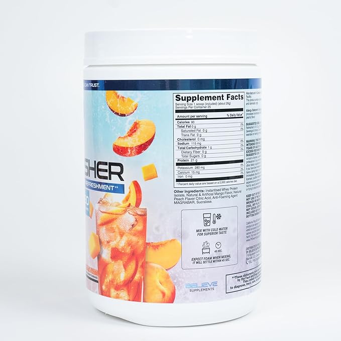 Protein Refresher (25 servings) - Revolutionary Juice-Type Whey Protein Powder for Fitness, Bodybuilding, Gym, or for bigger protein intake (25 Scoops, Peach Mango)
